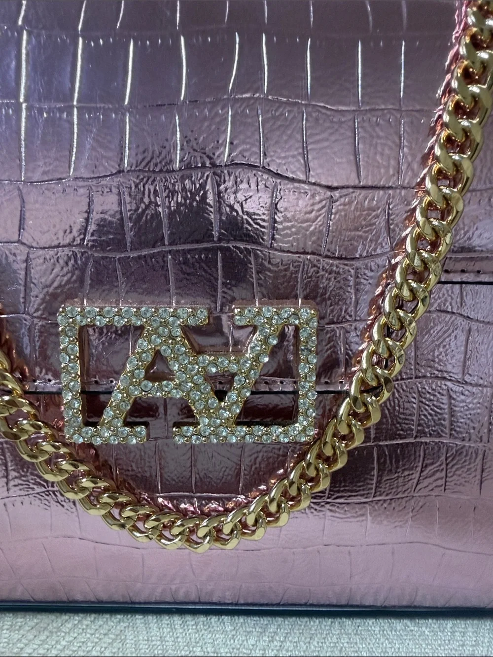Source Unknown Metallic Pink Croc-Embossed Top Handle Satchel with Gold Chain